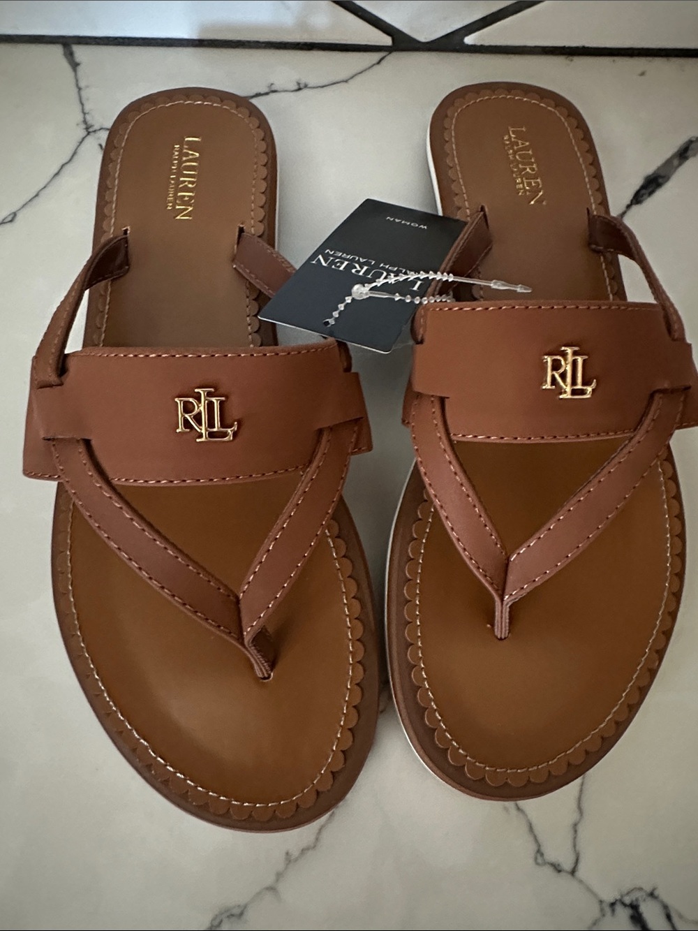 Ralph Lauren Tan Leather RLL Logo Thong Sandals